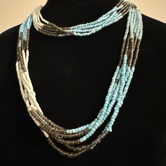 Long Multistrand Beaded Necklace (Sea Foam, Teal, Aquamarine, Turquoise Beads) - Picture 14 of 17